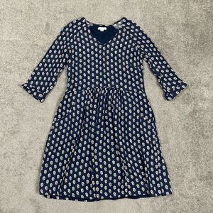 Garnet Hill Size 00 Navy Floral Shift Dress Pockets 3/4 Sleeve Viscose